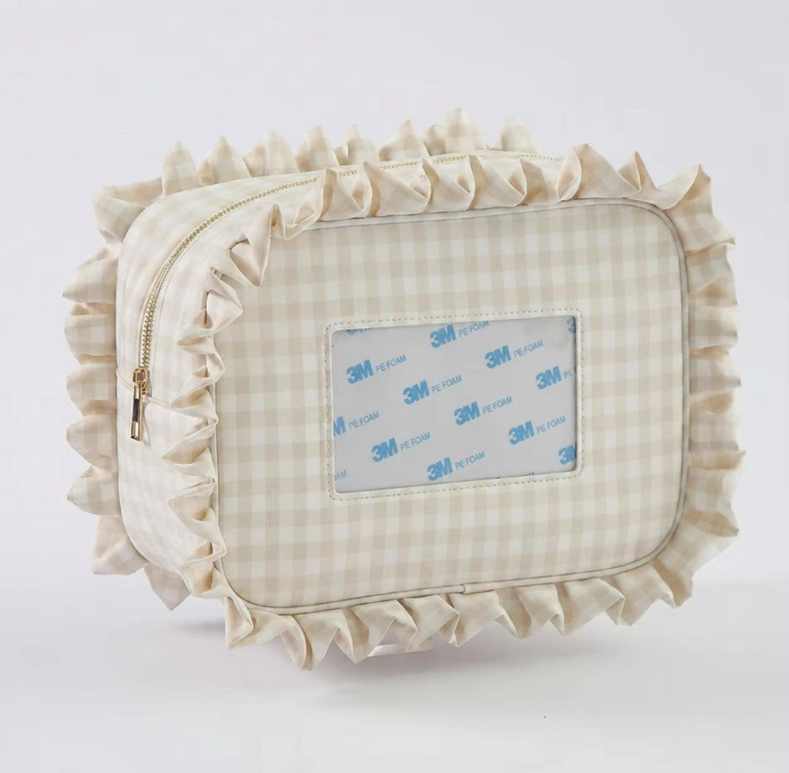 Beige Gingham Ruffle Cosmetic Bag – XL Needlepoint Storage Bag