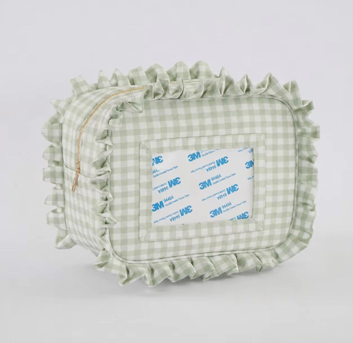 Green Gingham Ruffle Cosmetic Bag – XL Needlepoint Storage Bag