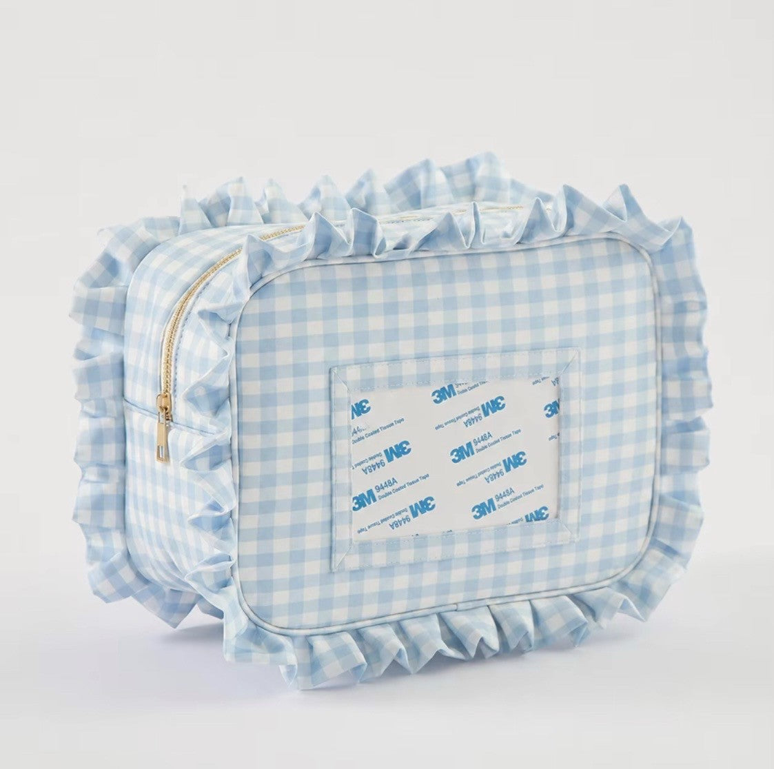 Blue Gingham Ruffle Cosmetic Bag – XL Needlepoint Storage Bag